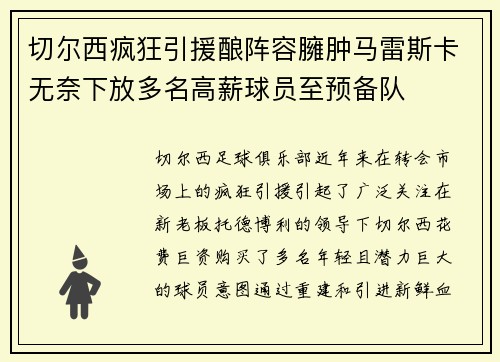 切尔西疯狂引援酿阵容臃肿马雷斯卡无奈下放多名高薪球员至预备队